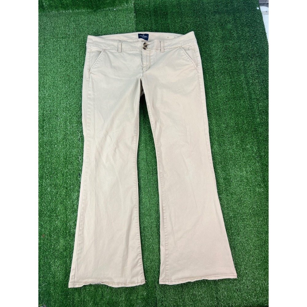 American Eagle Artist Flare Khaki Pants Womens 14 Tan Stretch Chino Low Rise